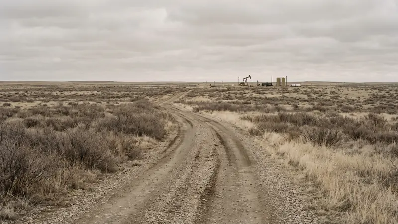 An unsealed gravel lease road crossing open semi arid rangeland toward a distant wellsite under flat light