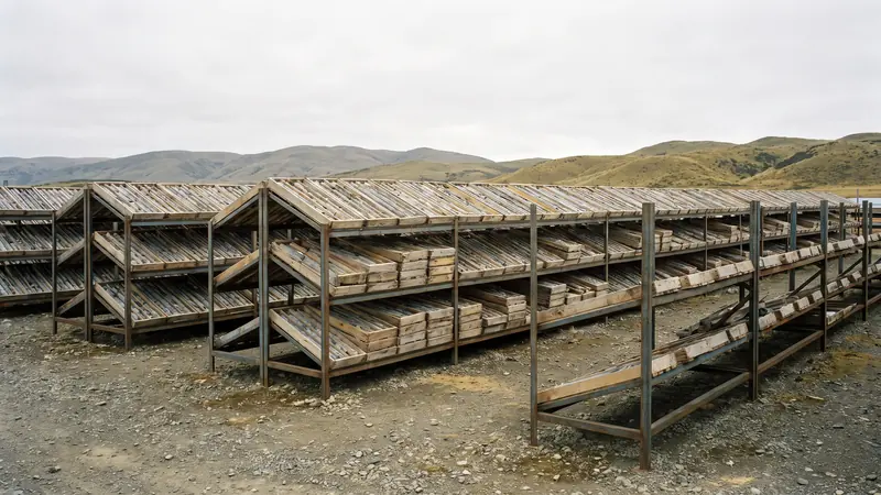 Rows of core trays filled with drill core racked on steel frames in an open gravel core yard