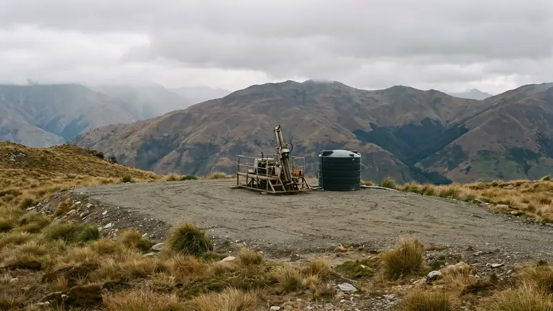 A levelled gravel drill pad on a high tussock terrace with a small rig platform and a water tank
