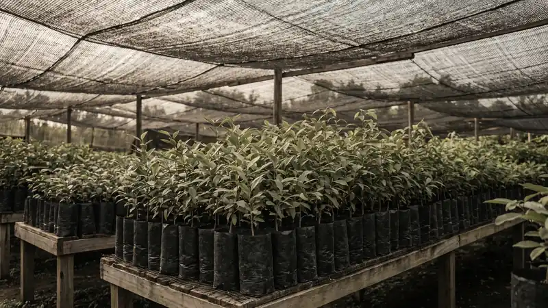 Rows of young hardwood seedlings in black nursery bags under a shade cloth structure