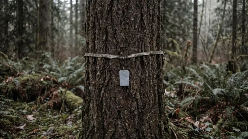 A mature tree trunk in dense forest with a small blank aluminium tag and a measuring tape at chest height