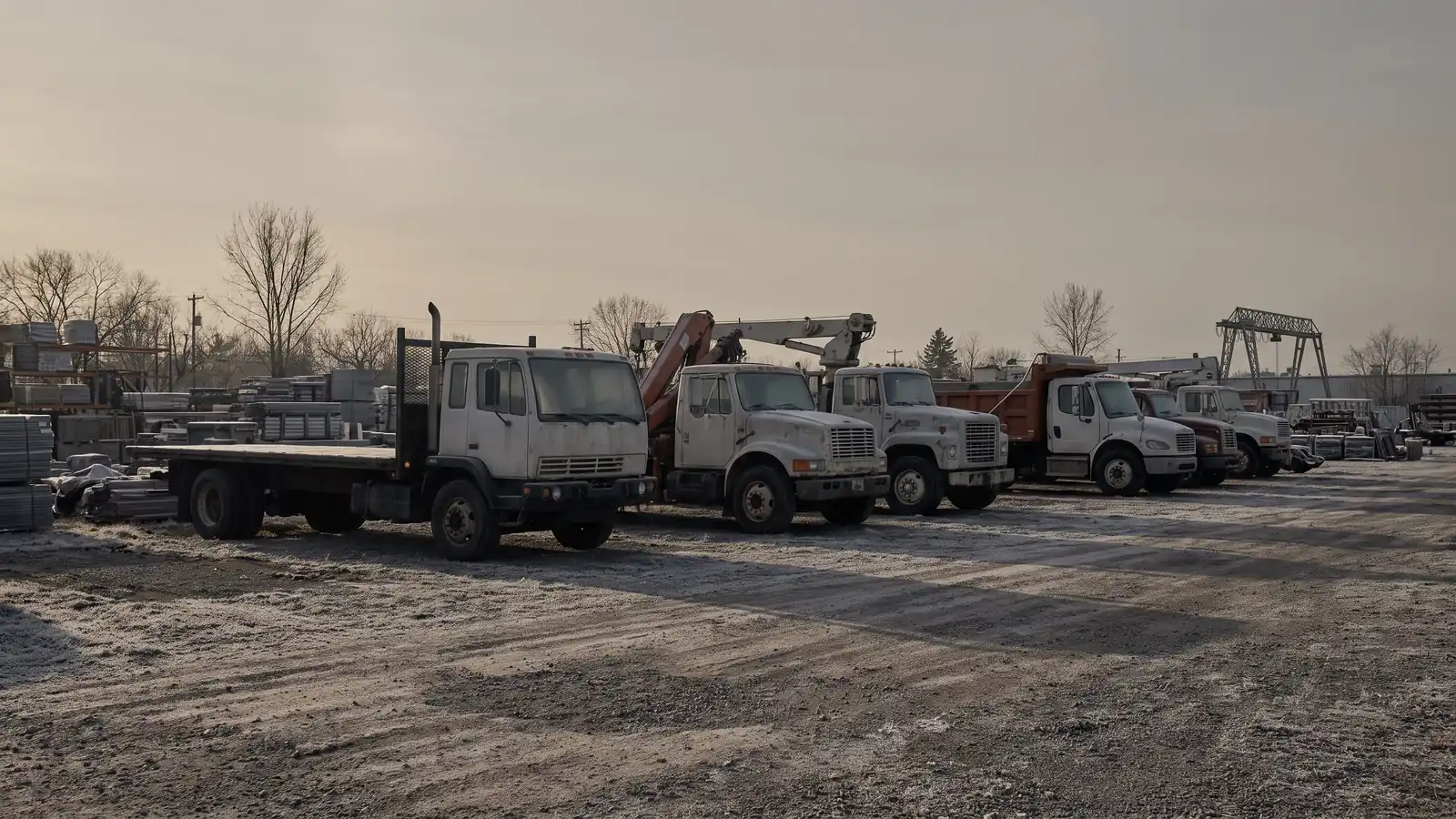 A line of heavy service plant and utility trucks parked in a gravel contractor yard at first light