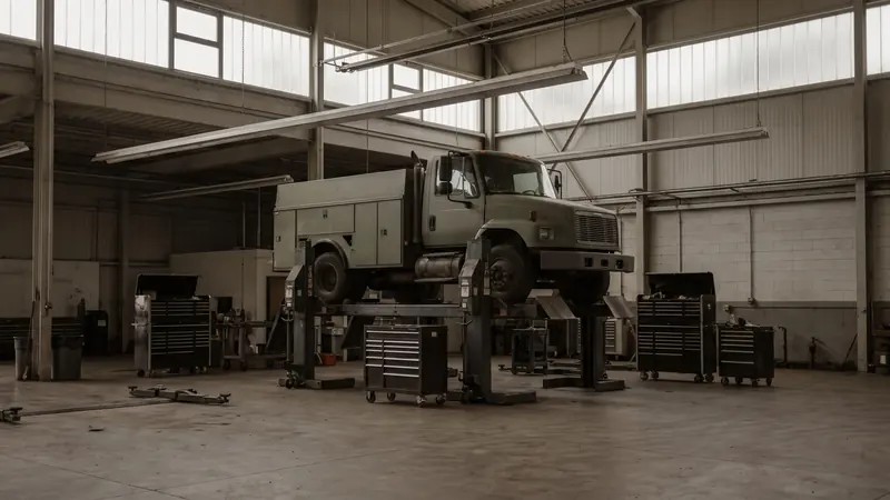 The interior of a large maintenance bay with a service truck raised on a lift and rolling tool chests
