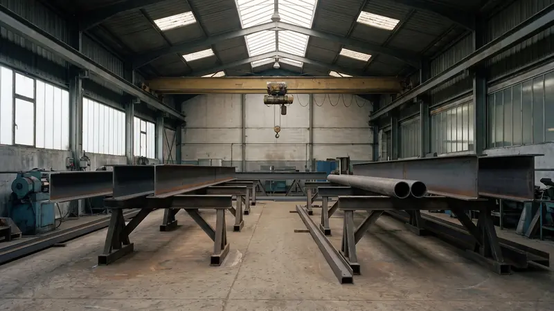 A metal fabrication shop interior with steel sections resting on trestles and a gantry crane overhead