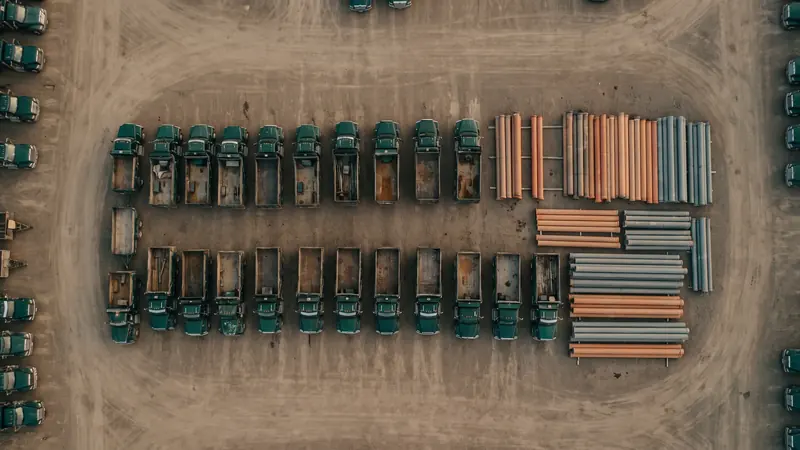 An aerial view looking straight down on a contractor yard with rows of parked service trucks and stacked pipe