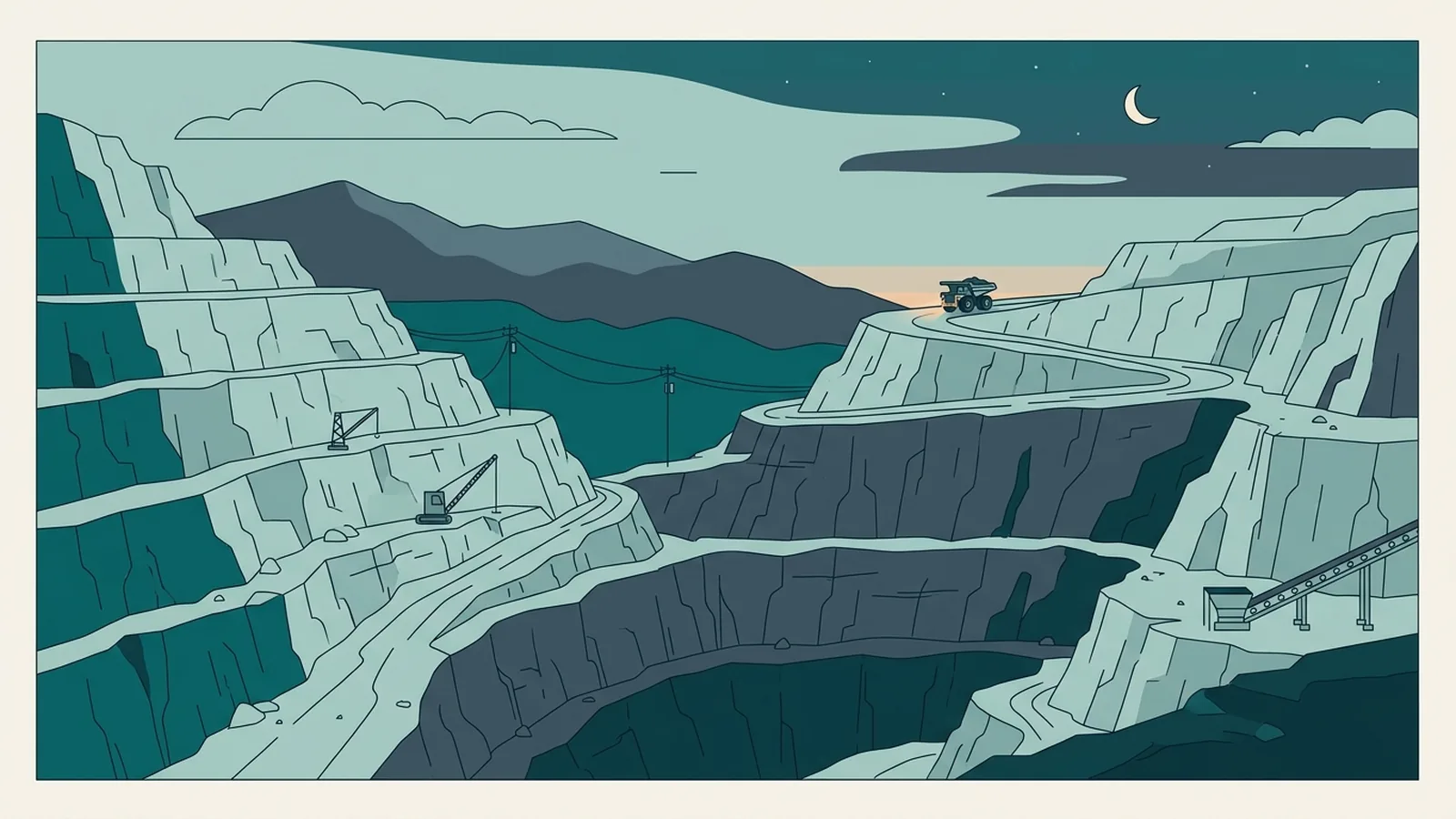 A flat illustration of terraced rock benches and a haul road at dusk, with one haul truck in the distance