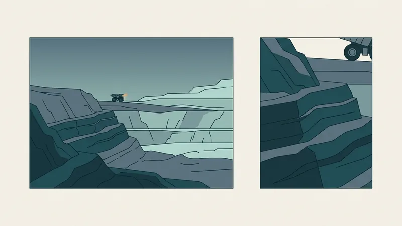 A flat illustration in two panels: terraced rock at dusk and a closer view of its rock faces