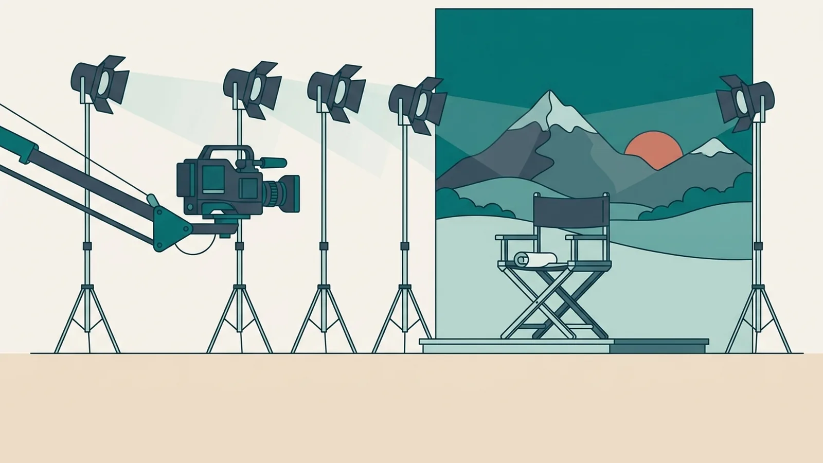 A flat illustration of a film set at dusk: a camera on a crane, stage lights and an empty director's chair before a painted backdrop