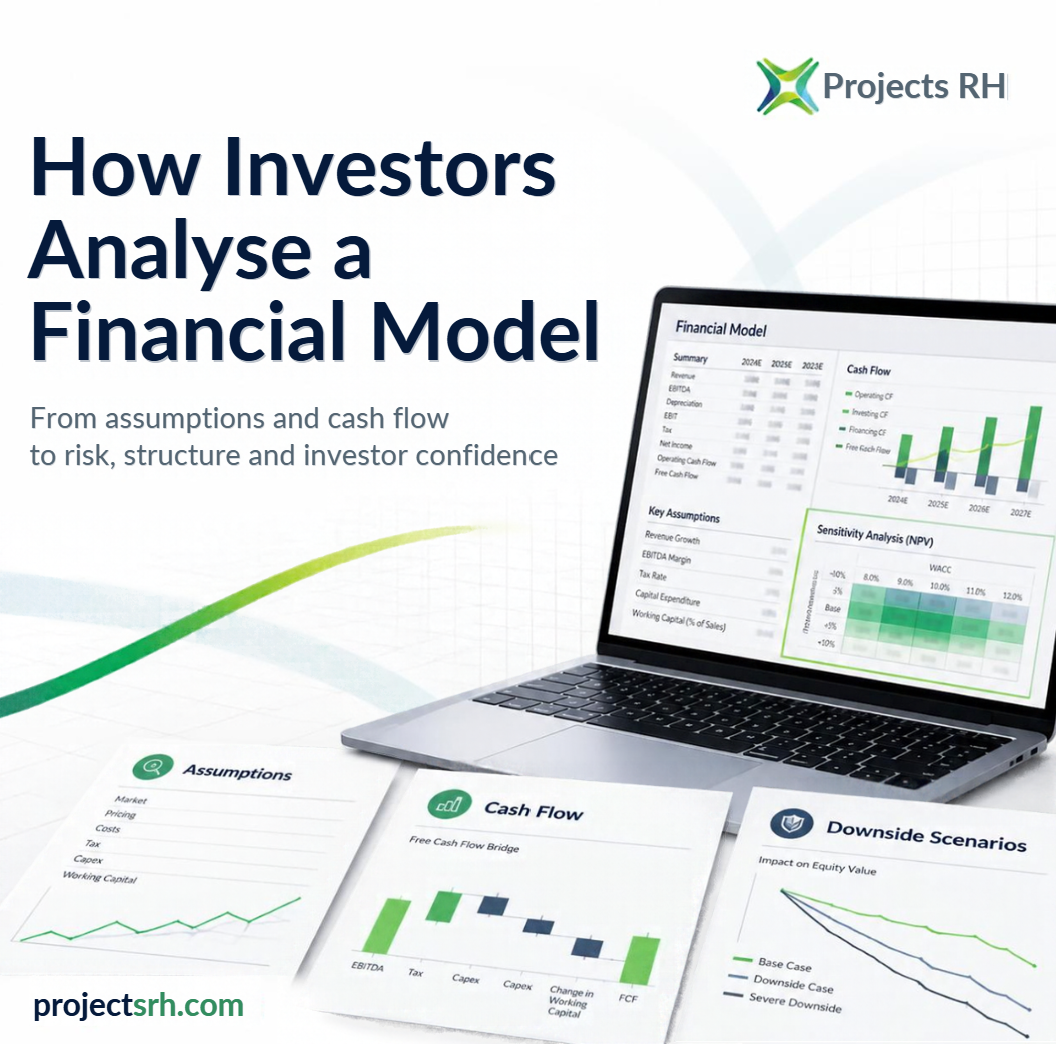 Illustration of investors reviewing a financial model, analysing assumptions, cash flow, risk, capital structure, and scenario analysis to assess investor readiness and funding potential.