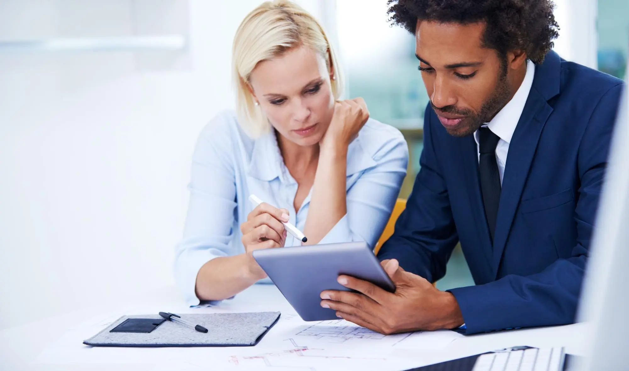 Team business people or architect on tablet for planning discussion or meeting Diversity tech or cooperation with creative engineer for brai