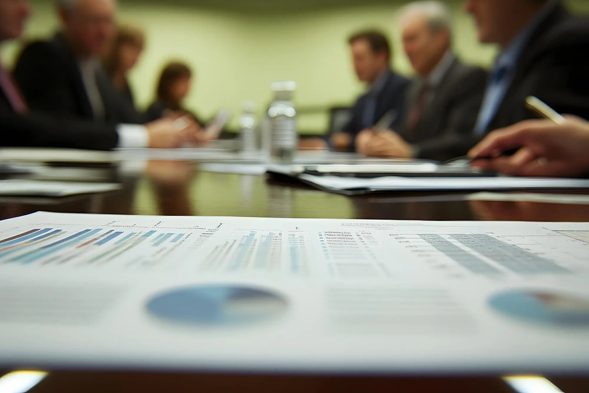 Blurred Business Meeting with Charts and Graphs