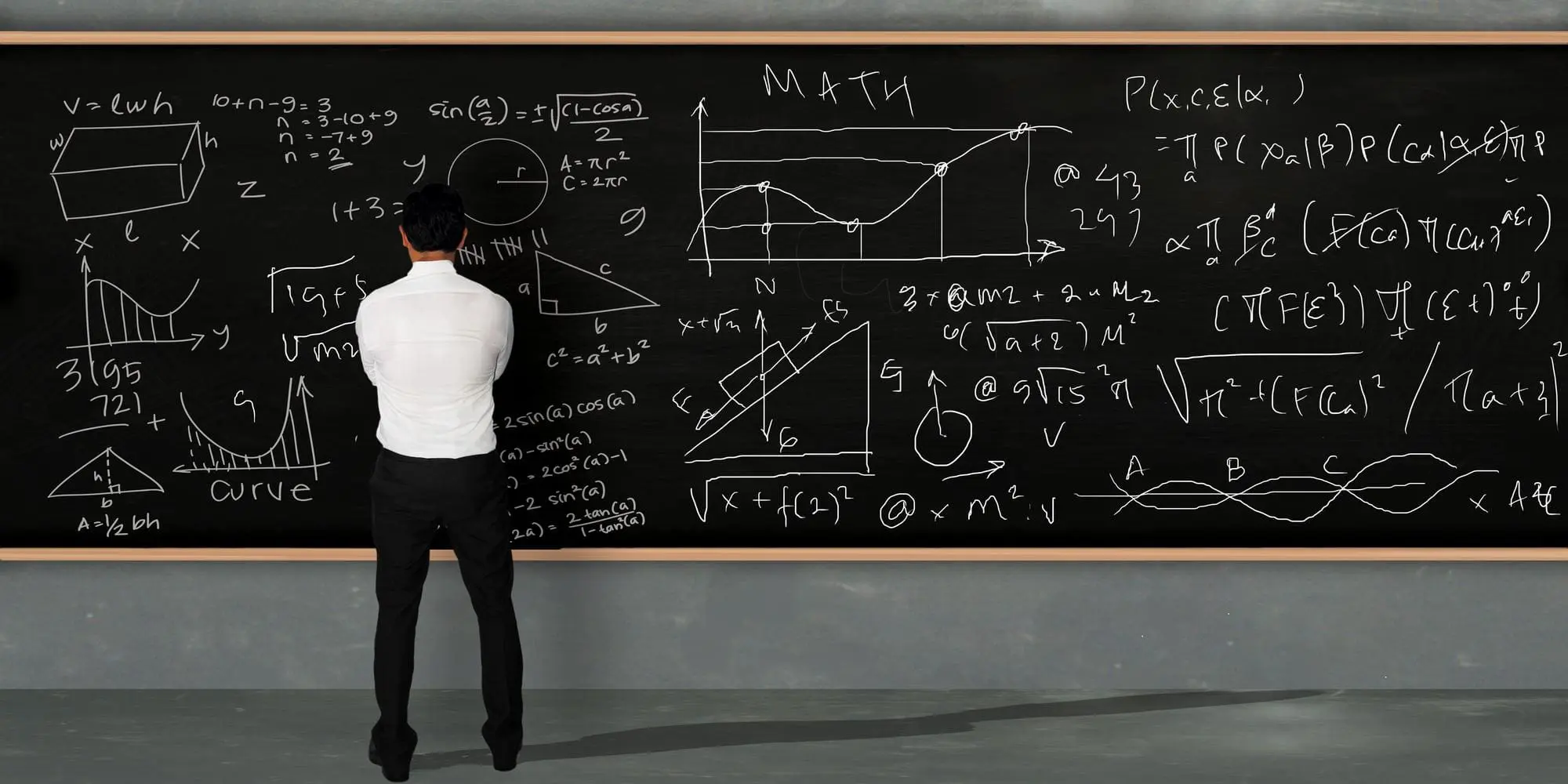 Businessman thinking and standing facing on large blackboard with math equivalents written on it