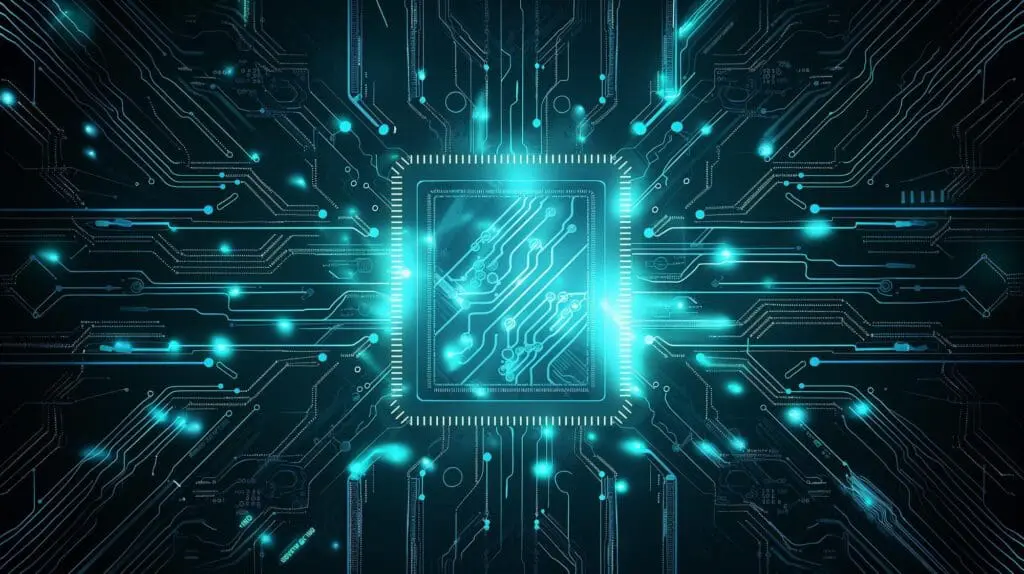 Glowing AI chip on a circuit board
