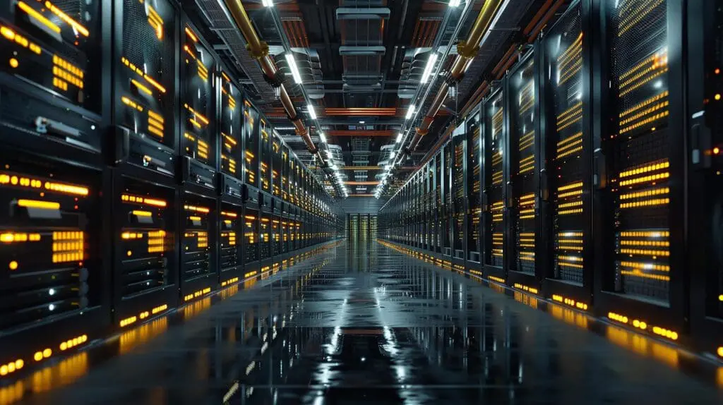 Rows of servers in a modern data center