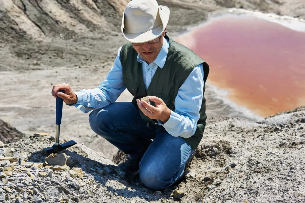 Geologist examining a rock core sample at a mineral exploration site