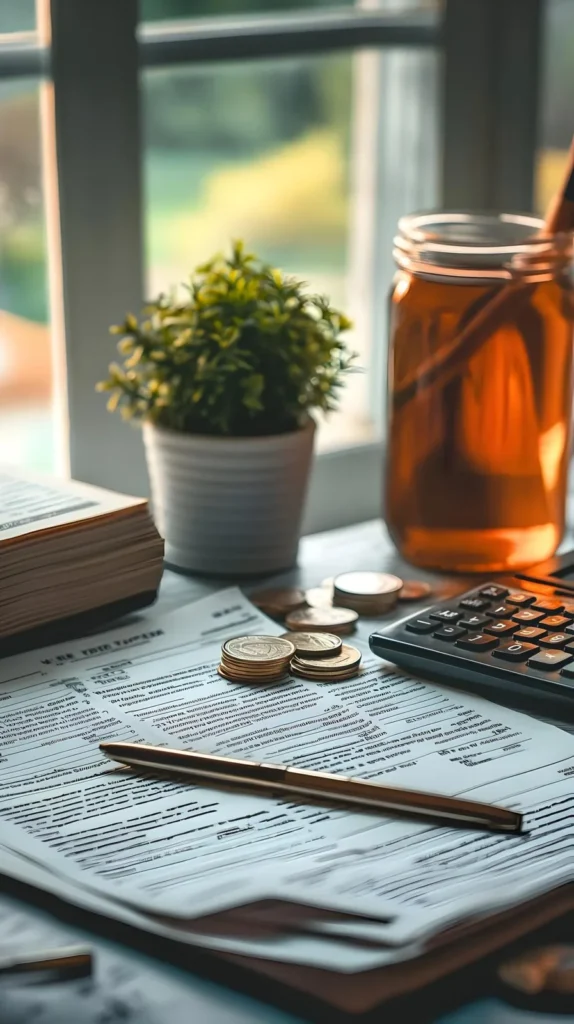 Financial planning documents with a calculator and coins